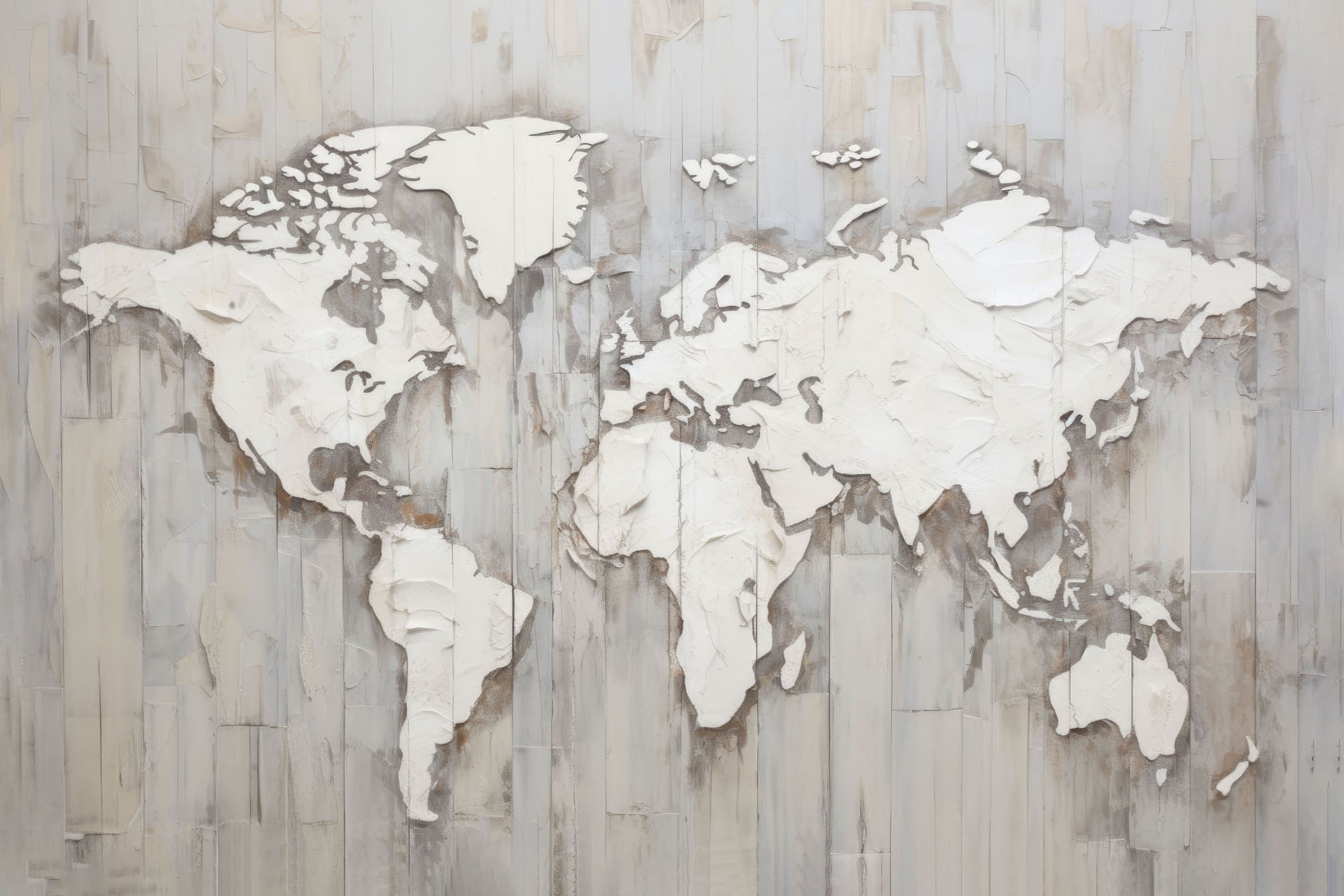 Stylish world map artwork with textured white continents on a wooden background, offering a modern and minimalist decor option in black, silver, and gray tones.