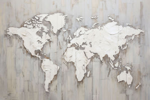 Stylish world map artwork with textured white continents on a wooden background, offering a modern and minimalist decor option in black, silver, and gray tones.