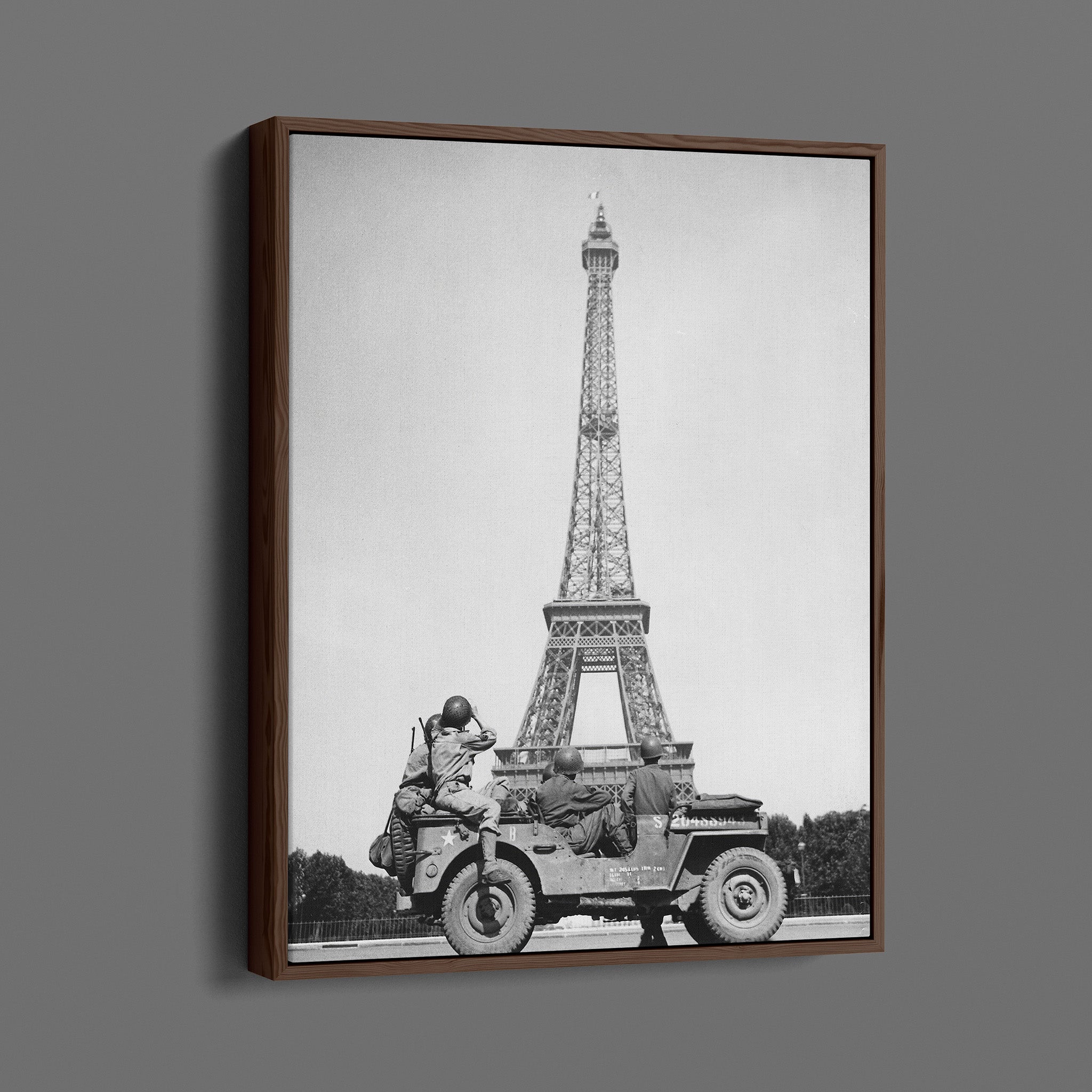 American soldiers watch as the Tricolor flies from the Eiffel Tower again, WWII Europe France