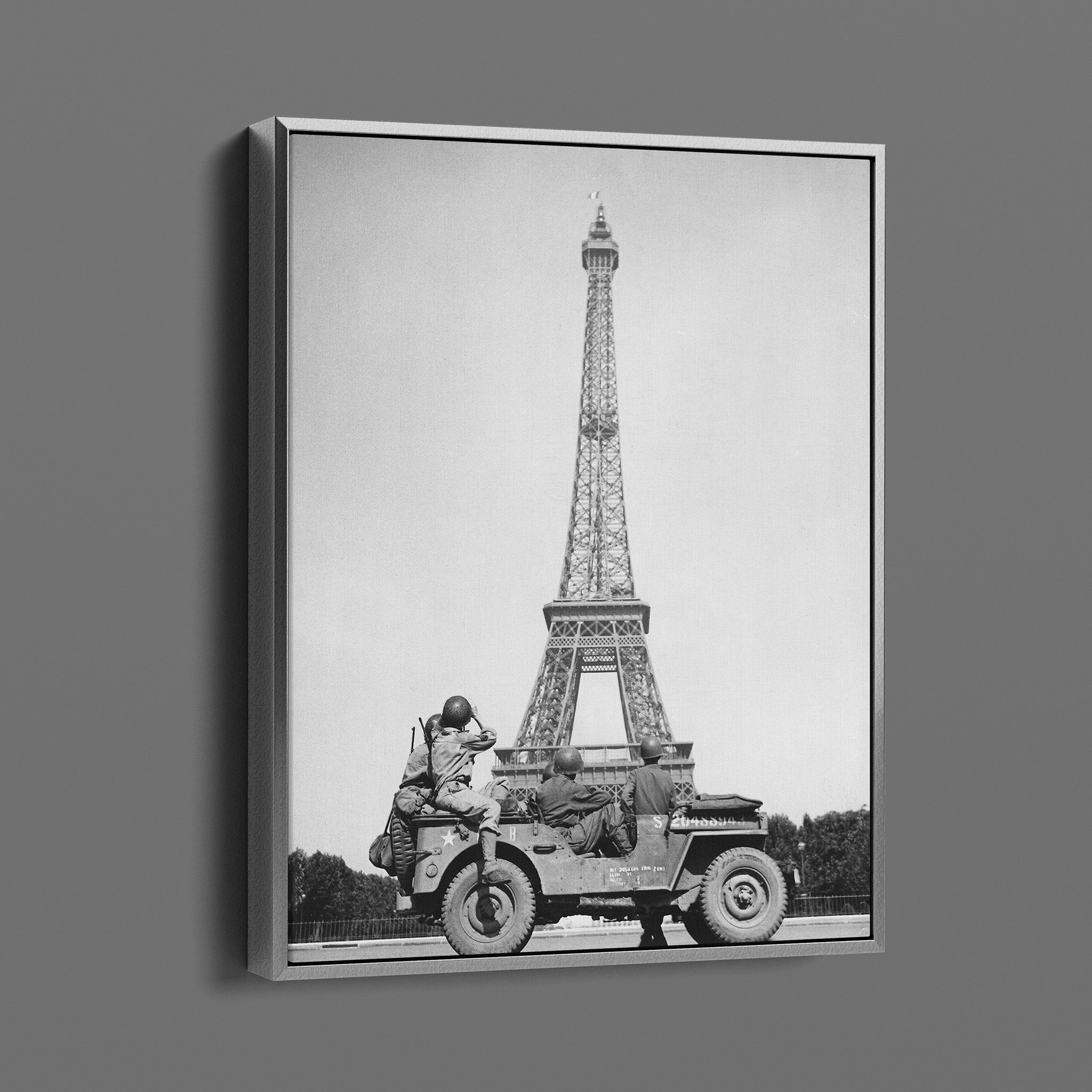 American soldiers watch as the Tricolor flies from the Eiffel Tower again, WWII Europe France