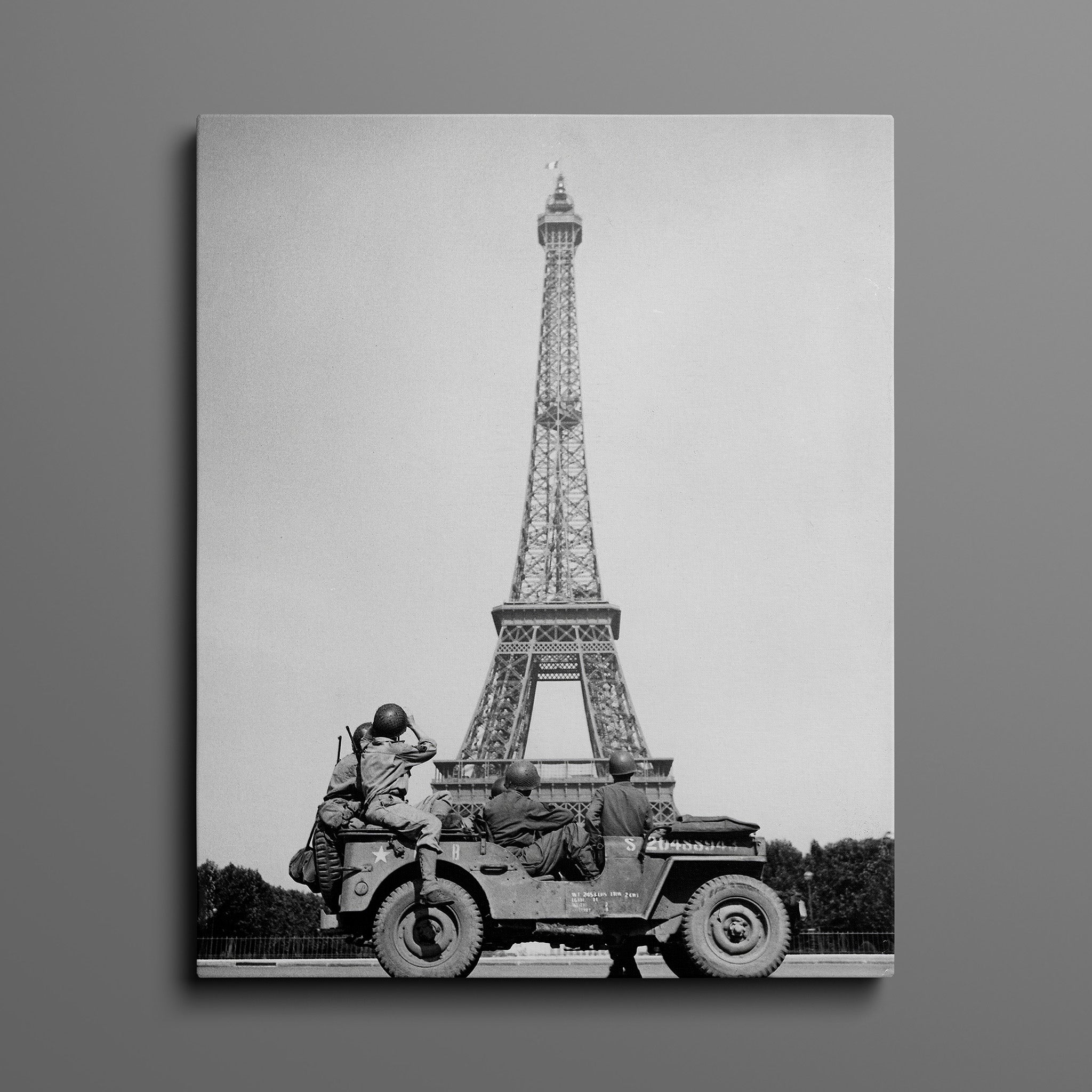 American soldiers watch as the Tricolor flies from the Eiffel Tower again, WWII Europe France