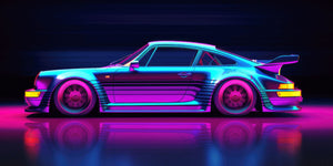 Stylized illustration of a custom Porsche against a vibrant vapor wave backdrop, capturing the essence of freedom, adventure, and pop culture.