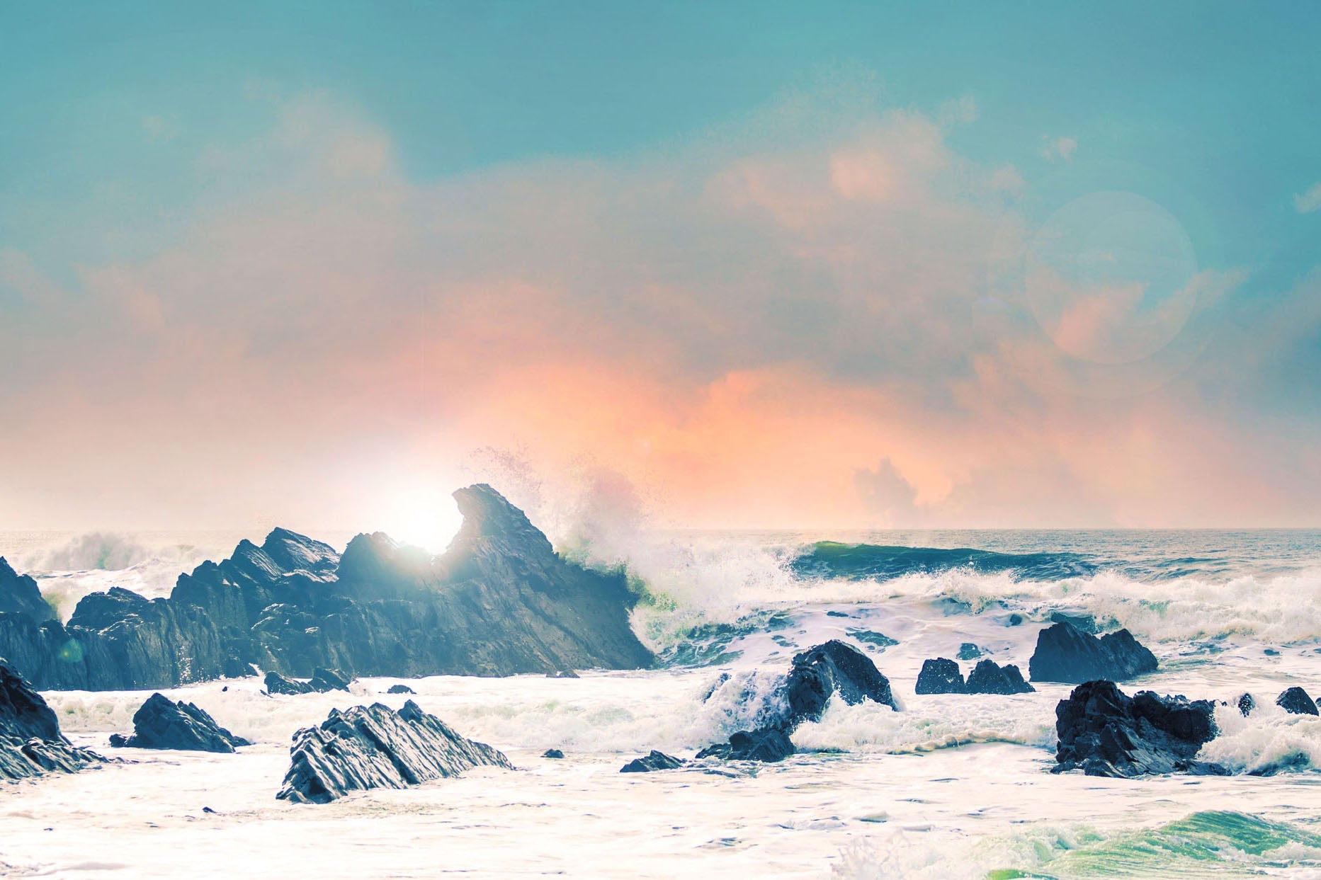 Seascape artwork featuring waves crashing against rugged cliffs at sunrise, showcasing a tranquil coastal scene with dynamic textures in blue, rose gold, and black.