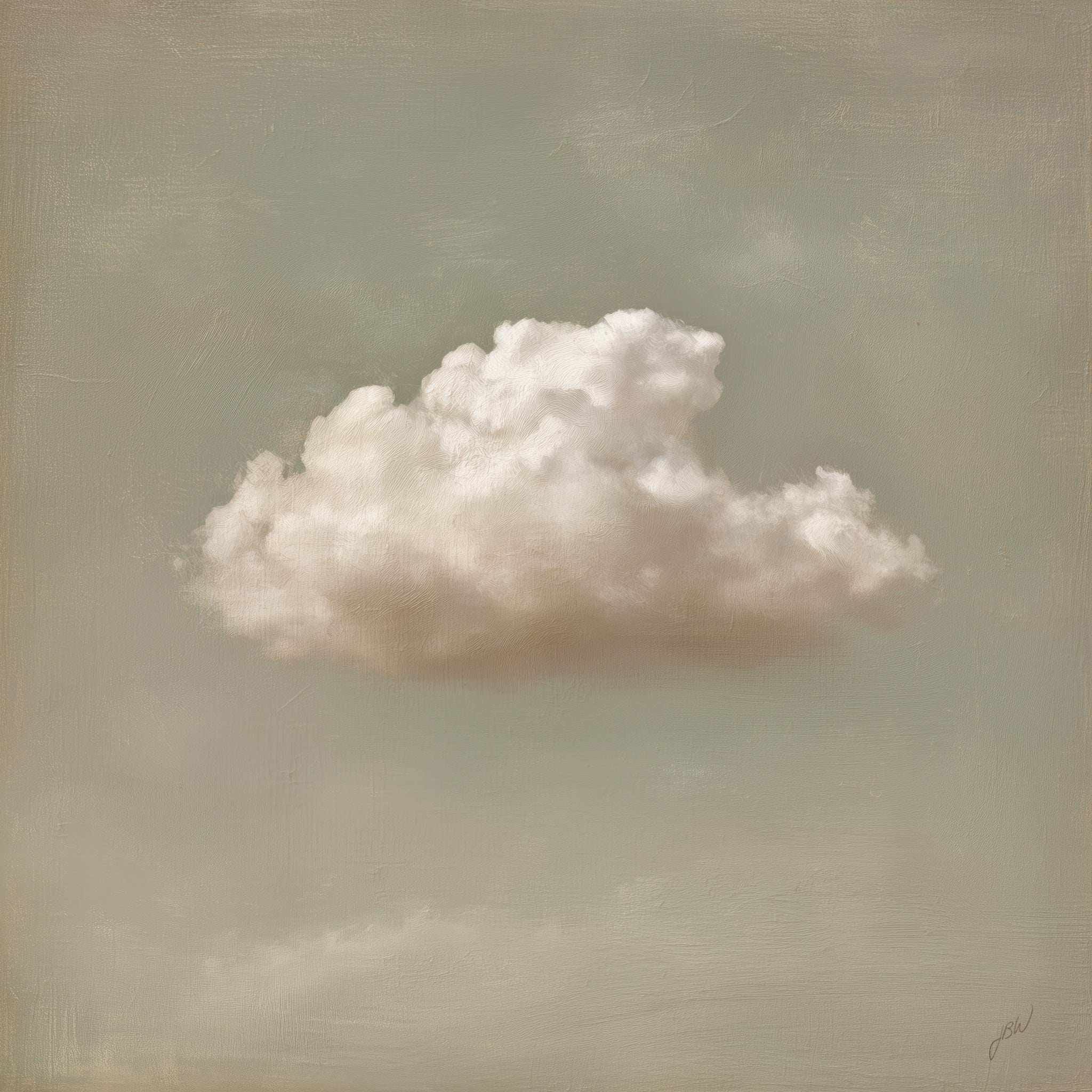Classical oil painting-style fine art print depicting a single soft cumulus cloud centered against a muted sage-green and warm gray sky, rendered in creamy whites and warm beige shadows with visible canvas texture and a subtle artist signature in the lower right corner.