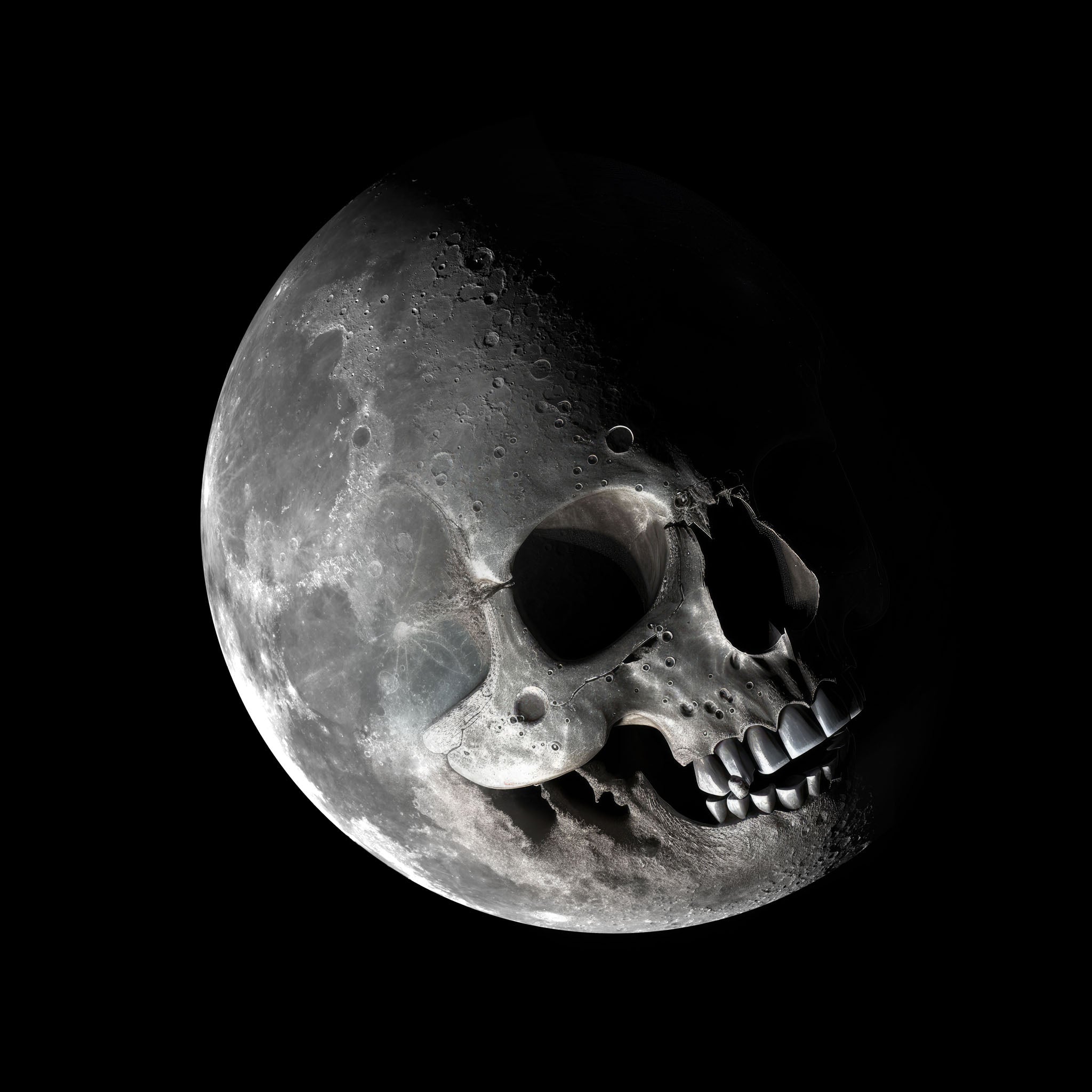 Illustration of the moon's surface with craters forming a skull shape, rendered in black and white to evoke a haunting, gothic atmosphere with elements of darkness and surrealism.
