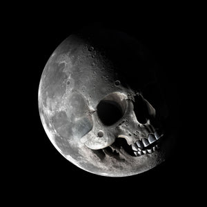 Illustration of the moon's surface with craters forming a skull shape, rendered in black and white to evoke a haunting, gothic atmosphere with elements of darkness and surrealism.
