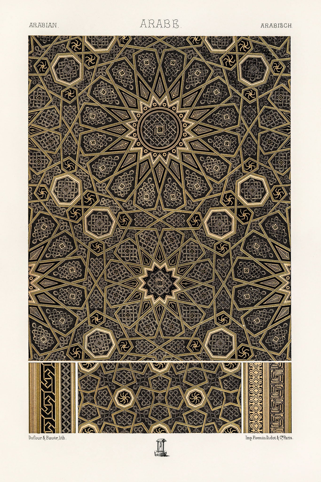 Artistic representation of an intricate arabesque pattern in black, gold, and bronze, reflecting historical elegance and cultural richness in vintage fabric design.
