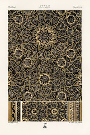 Artistic representation of an intricate arabesque pattern in black, gold, and bronze, reflecting historical elegance and cultural richness in vintage fabric design.