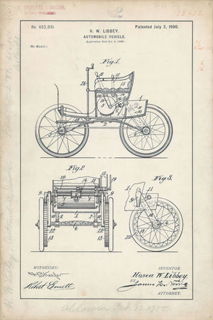 Historic patent illustration of an early car automobile, featuring detailed schematics that reflect the mechanical ingenuity of its time.