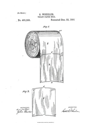 Vintage patent illustration of toilet paper, detailing its roll and perforation design as envisioned by its inventor.