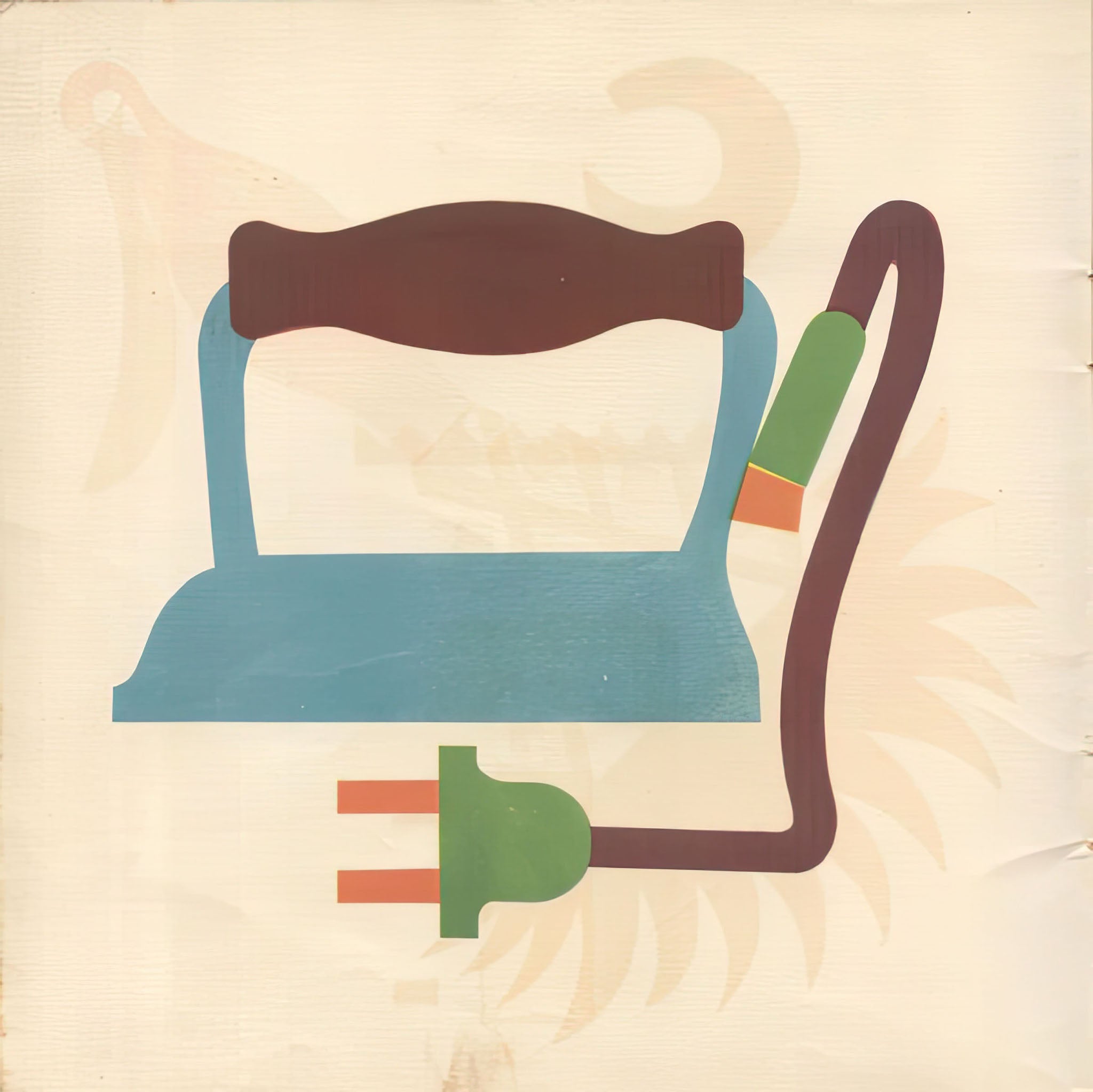 Illustration of a vintage chair with abstract, minimalistic design in muted colors and paper texture, showcasing a whimsical and retro aesthetic.