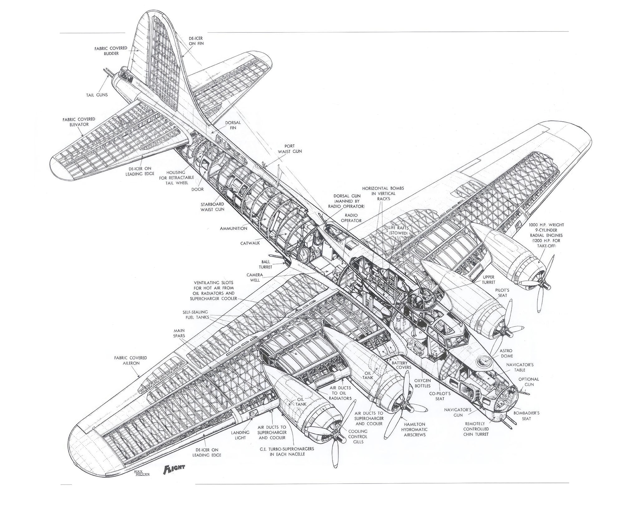 Black and white schematic of a vintage airplane, including detailed technical drawings and cross-sections, highlighting the design and engineering of the aircraft.