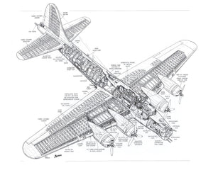 Black and white schematic of a vintage airplane, including detailed technical drawings and cross-sections, highlighting the design and engineering of the aircraft.