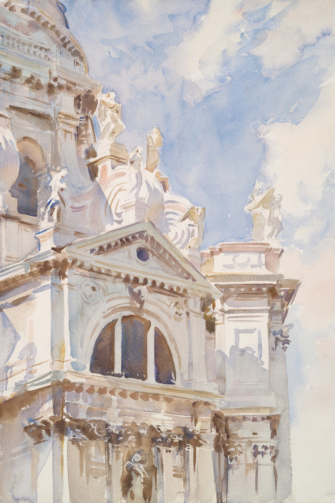 Watercolor painting by John Singer Sargent depicting the upper facade and dome of the Basilica di Santa Maria della Salute in Venice, rendered in soft washes of cream, taupe, pale blue, and warm brown with a loosely painted sunlit sky.