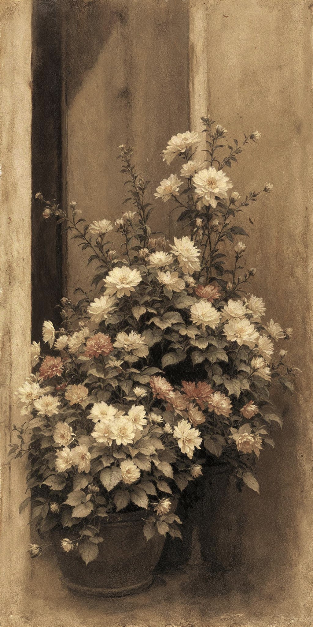 Vintage-style botanical painting of two dark ceramic pots overflowing with white and dusty rose dahlia-like blooms, with delicate branching stems rising above, set against a warm sepia and umber textured background in the tradition of 19th-century European botanical illustration.