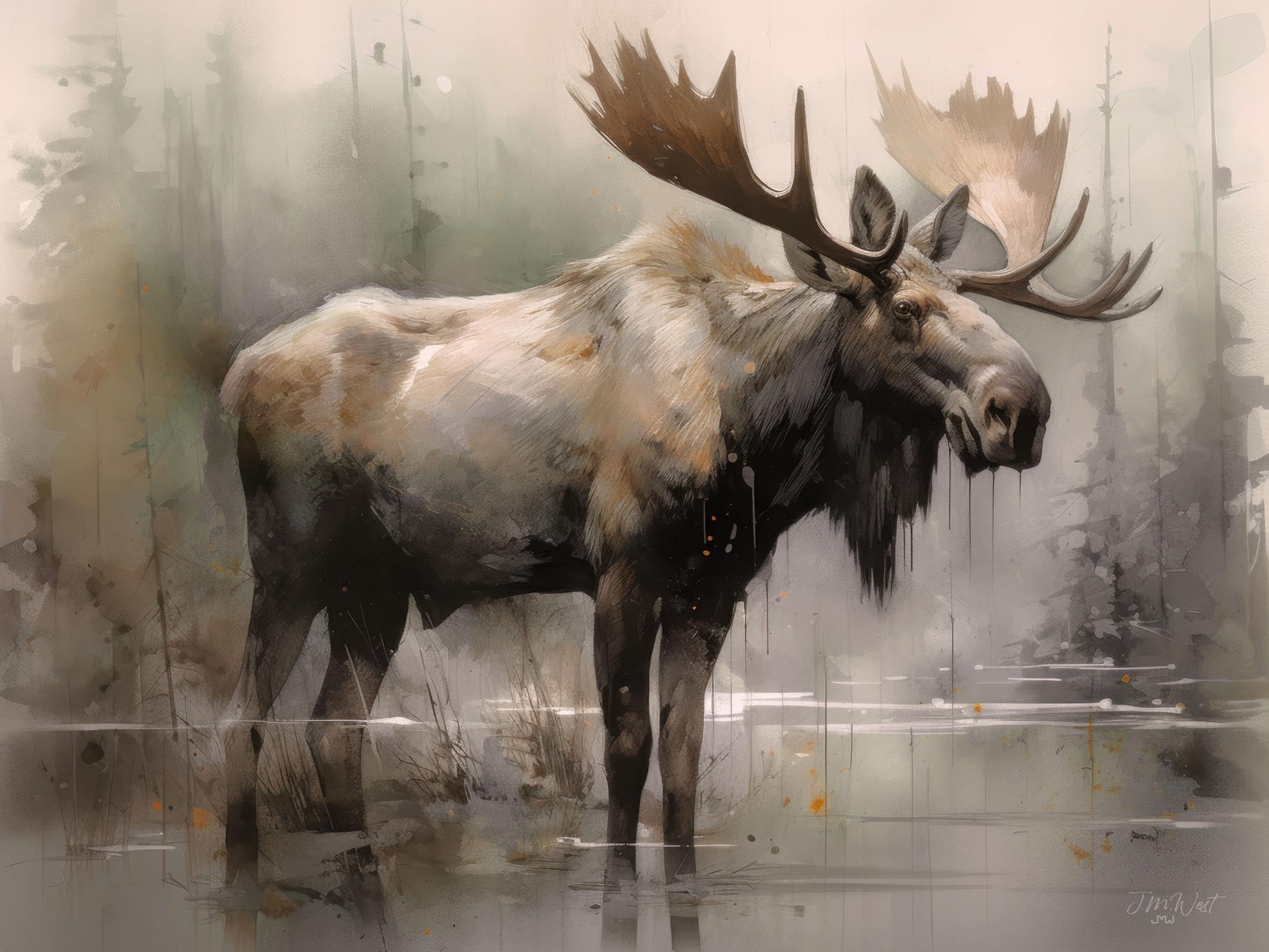 Modern watercolor painting of a bull moose in a foggy, autumnal Rocky Mountain landscape at dusk, using pastel colors to highlight the mooseβs majestic presence.