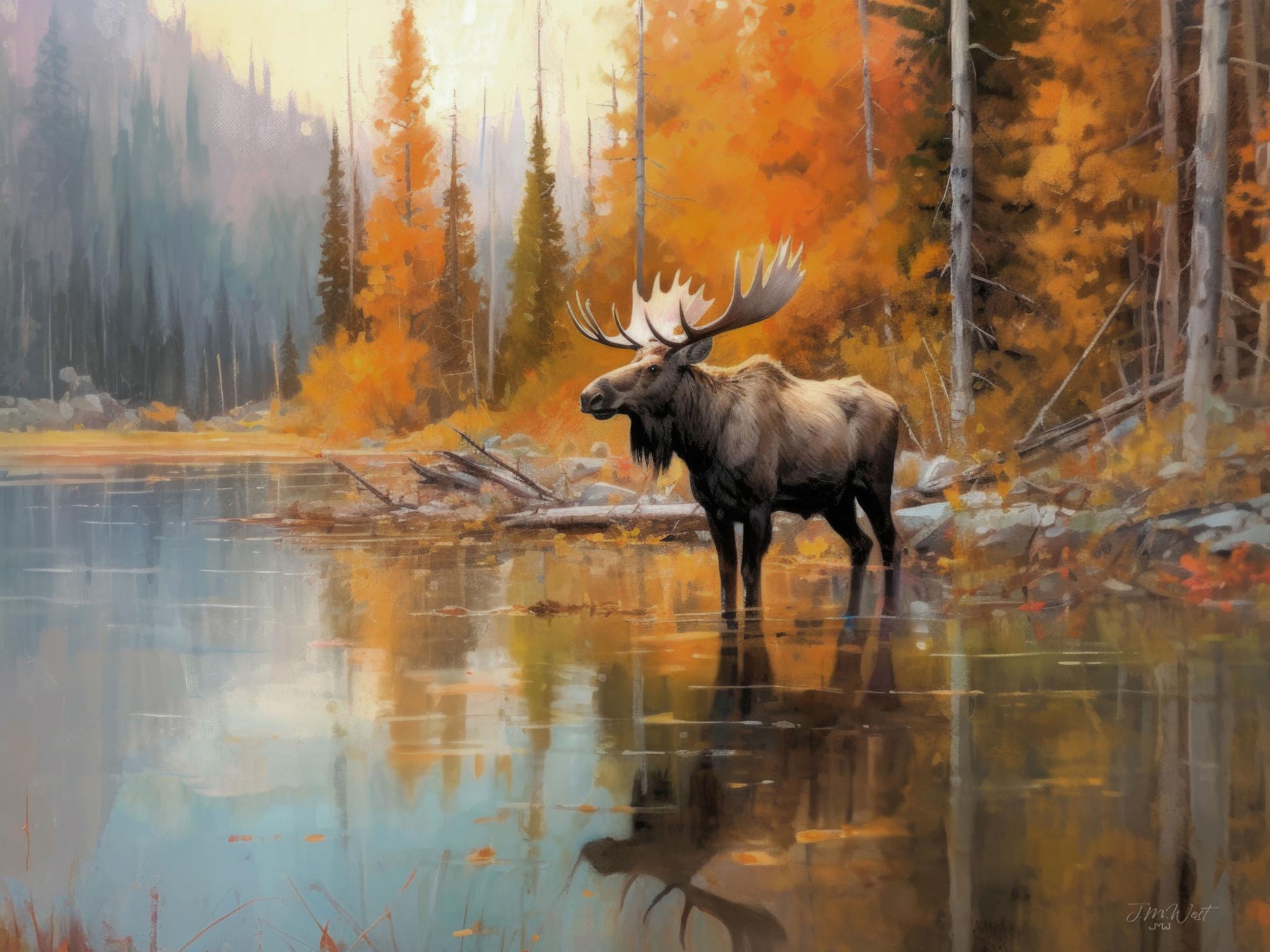 Modern watercolor painting of a bull moose in a foggy, autumn Rocky Mountain landscape with subtle pastel colors, highlighting the mooseβs majestic presence in nature.