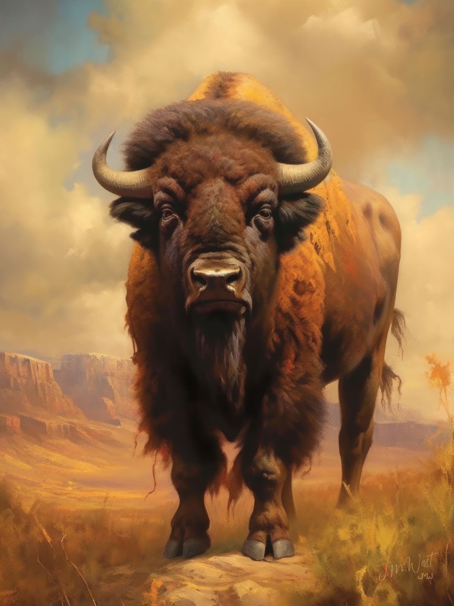 Majestic buffalo in a golden Western landscape with dramatic clouds, highlighting the grandeur and rugged beauty of the American West.