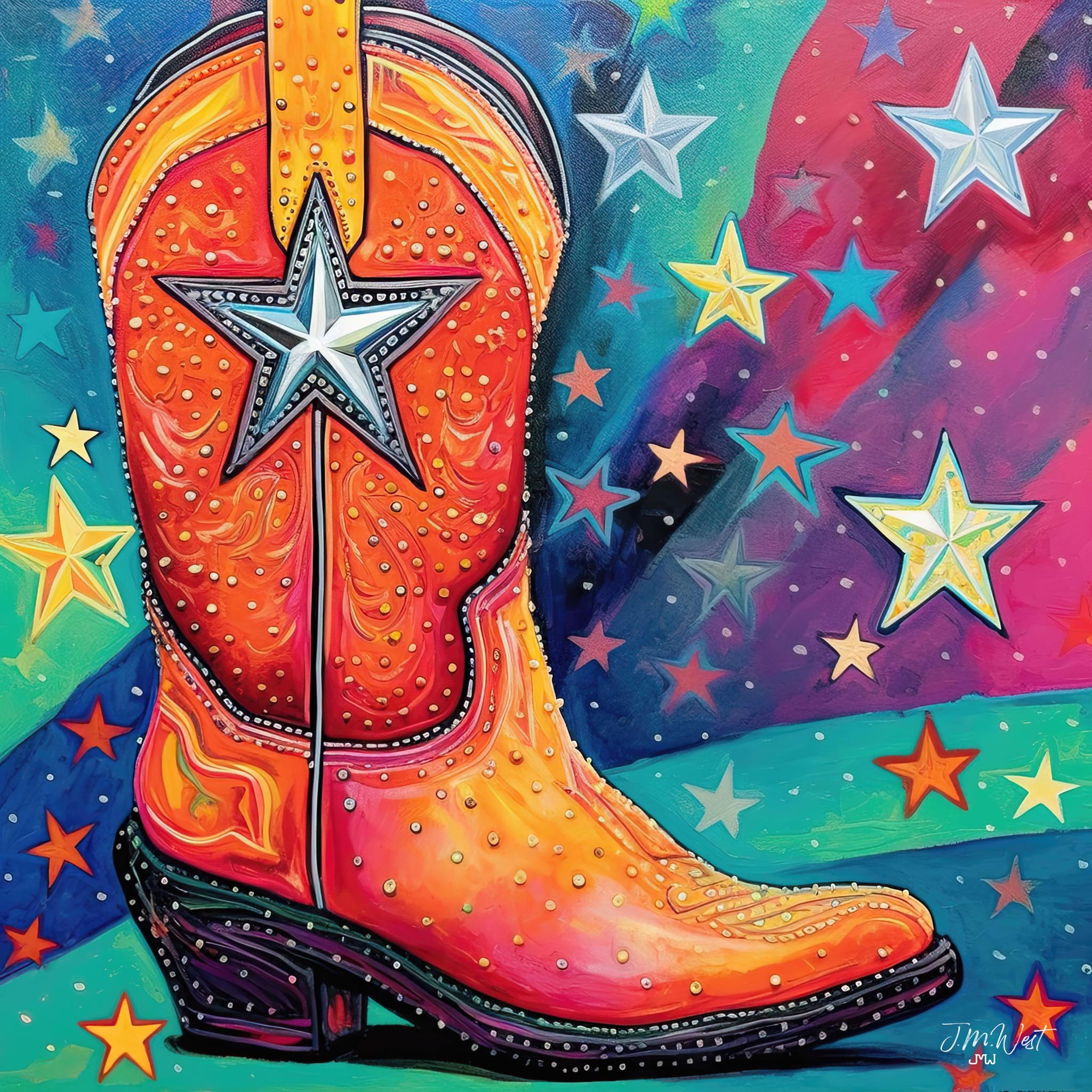 Colorful illustration of a cowboy boot adorned with sparkling stars, rhinestones, and bold patterns, celebrating western culture and fashion with a festive, pop art twist.