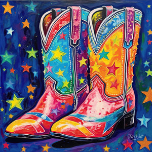 Colorful illustration of two cowboy boots decorated with sparkling stars and rhinestones, celebrating western fashion with bold, festive patterns in a pop art style.