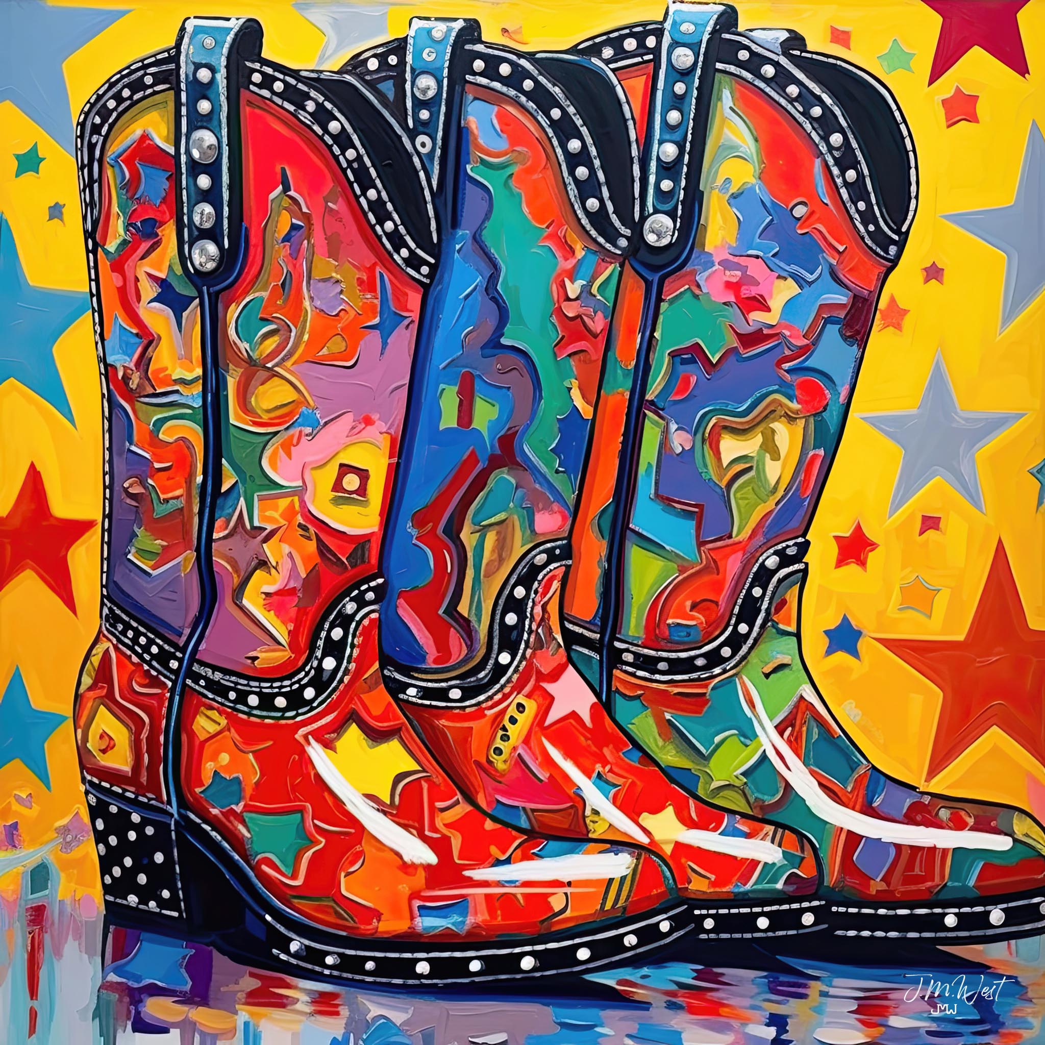 Illustration of three colorful cowboy boots, sparkling with stars and rhinestones, celebrating western fashion in a vibrant, festive pop art style.