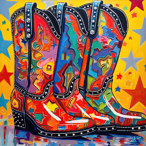 Illustration of three colorful cowboy boots, sparkling with stars and rhinestones, celebrating western fashion in a vibrant, festive pop art style.