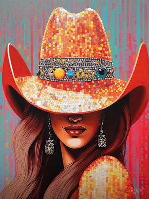 Vibrant cowgirl fashion painting in coral with rhinestones and sparkles, featuring bold Western style and pop art elements.