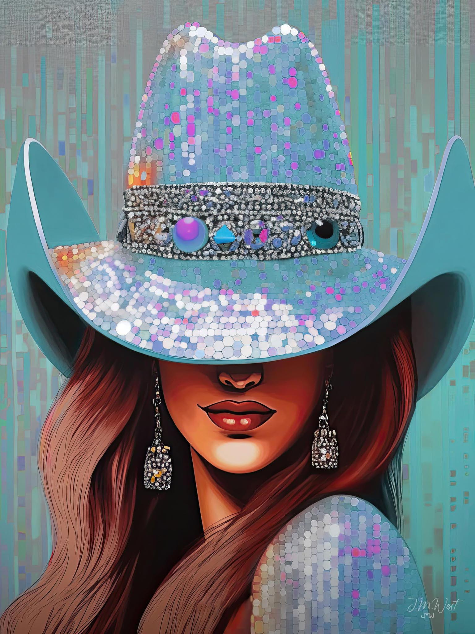 Bold blue cowgirl fashion portrait with rhinestones and sparkles, featuring a colorful, pop art style and Western charm.