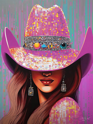 Bold pink cowgirl fashion portrait with rhinestones and sparkles, featuring a colorful, pop art style and Western flair.