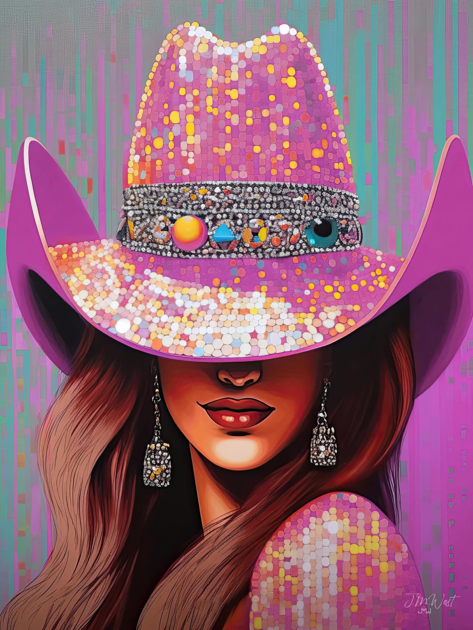 Bold pink cowgirl fashion portrait with rhinestones and sparkles, featuring a colorful, pop art style and Western flair.