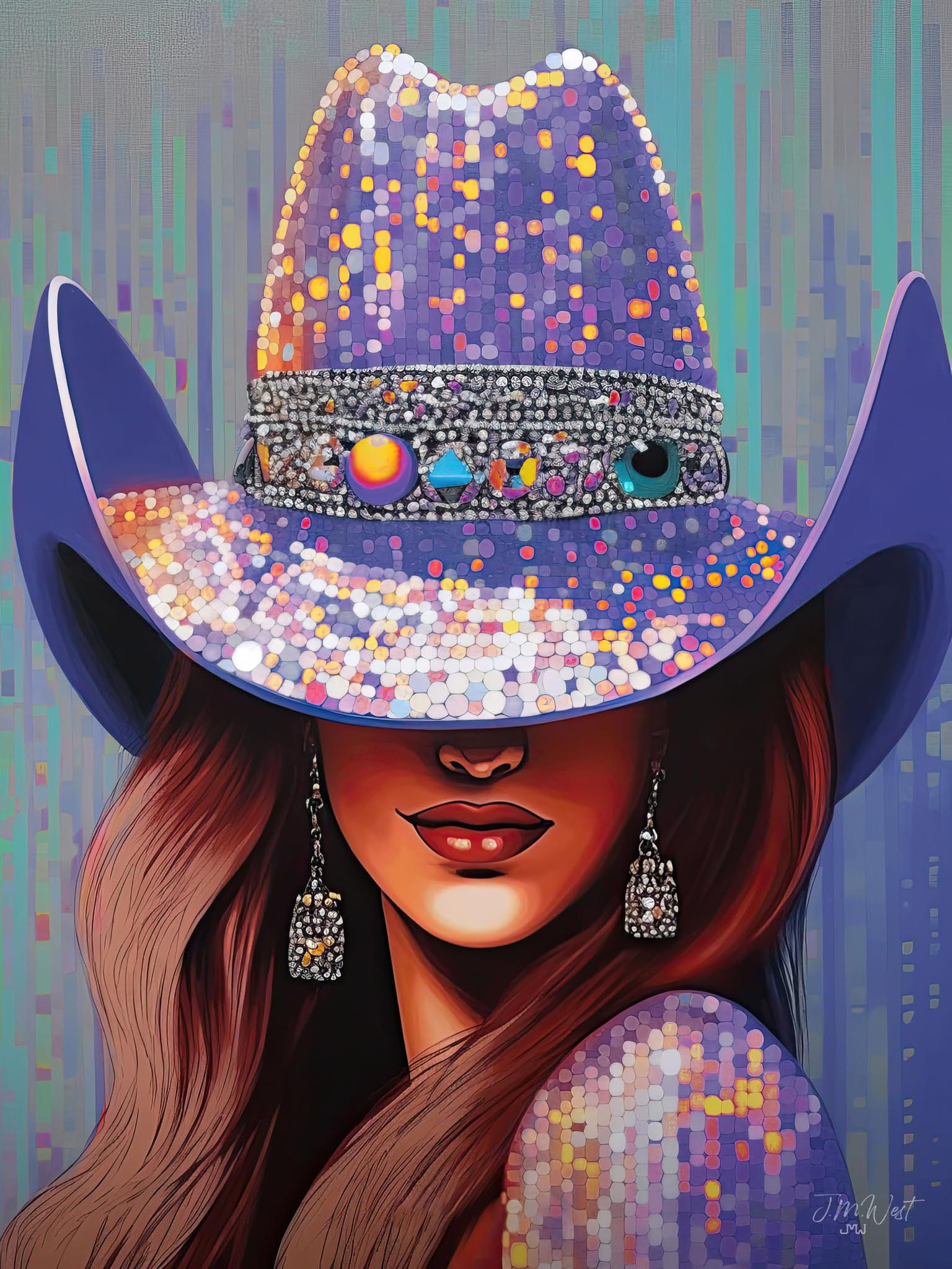 Bold purple cowgirl fashion portrait with rhinestones and sparkles, featuring a colorful, pop art style and Western flair.