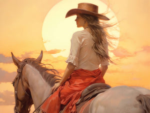 Romantic portrayal of a cowgirl riding a horse at sunset in the desert, highlighting the beauty of the Western lifestyle.