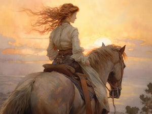 Cowgirl riding a horse through the desert at sunset, showcasing the pioneering spirit and Western charm.