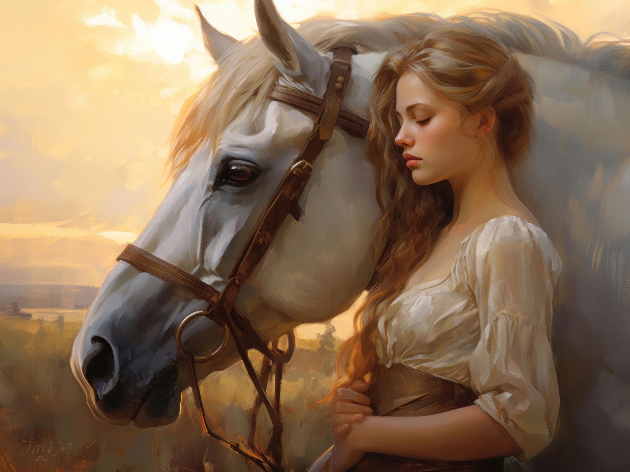 Romantic scene of a cowgirl and her horse at sunset in the desert, emphasizing their deep connection and the beauty of the Southwestern landscape.