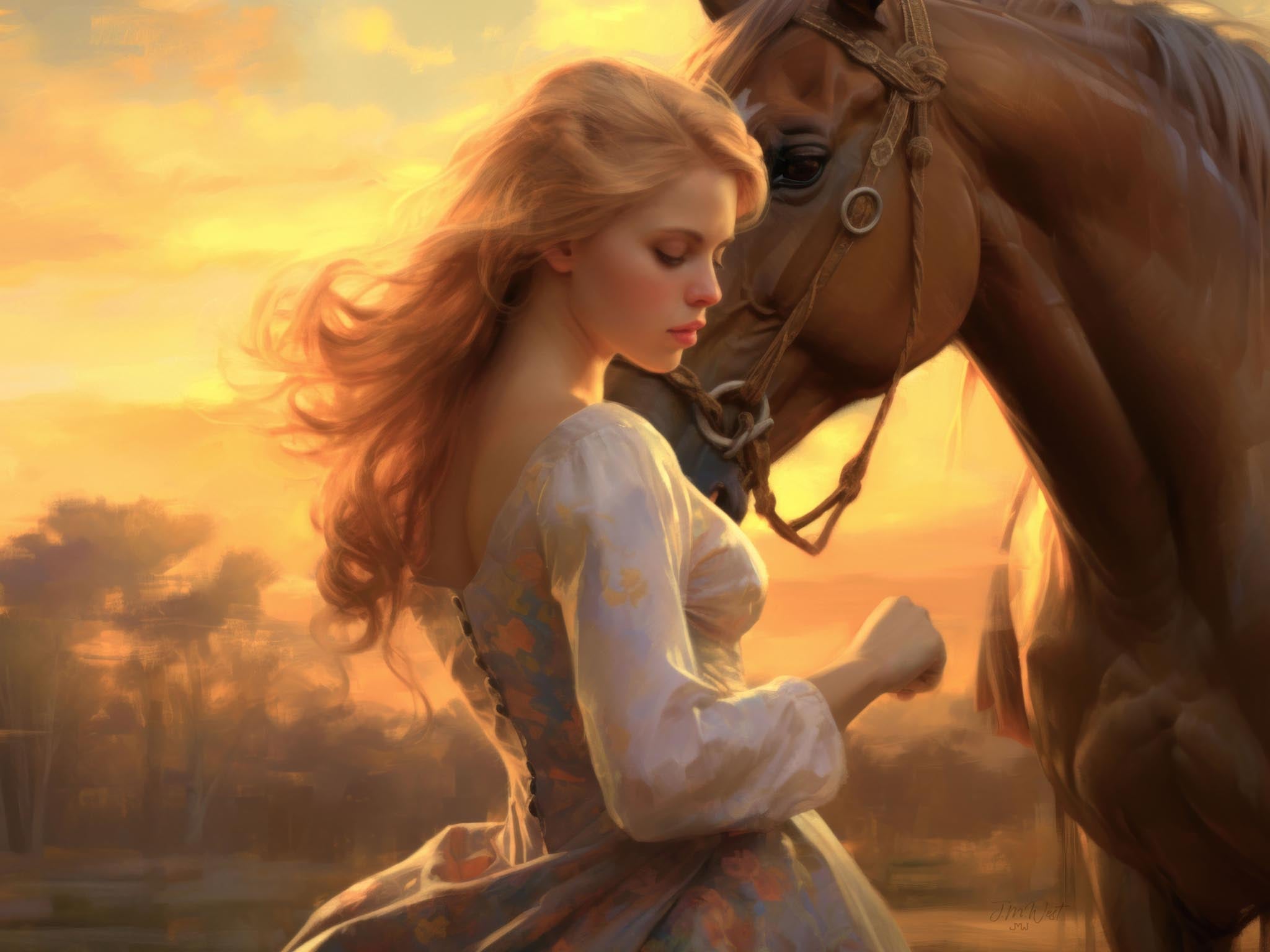Romantic painting of a cowgirl riding her horse in the desert at sunset, highlighting the connection between rider and horse in a Southwestern landscape.