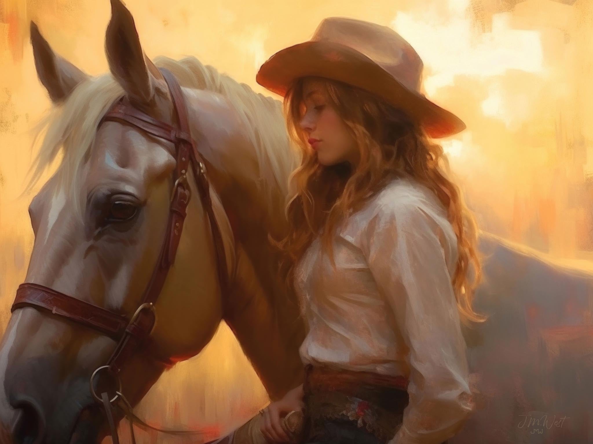 Romantic painting of a cowgirl with her horse in the desert at sunset, emphasizing the bond between rider and horse in a Southwestern setting.
