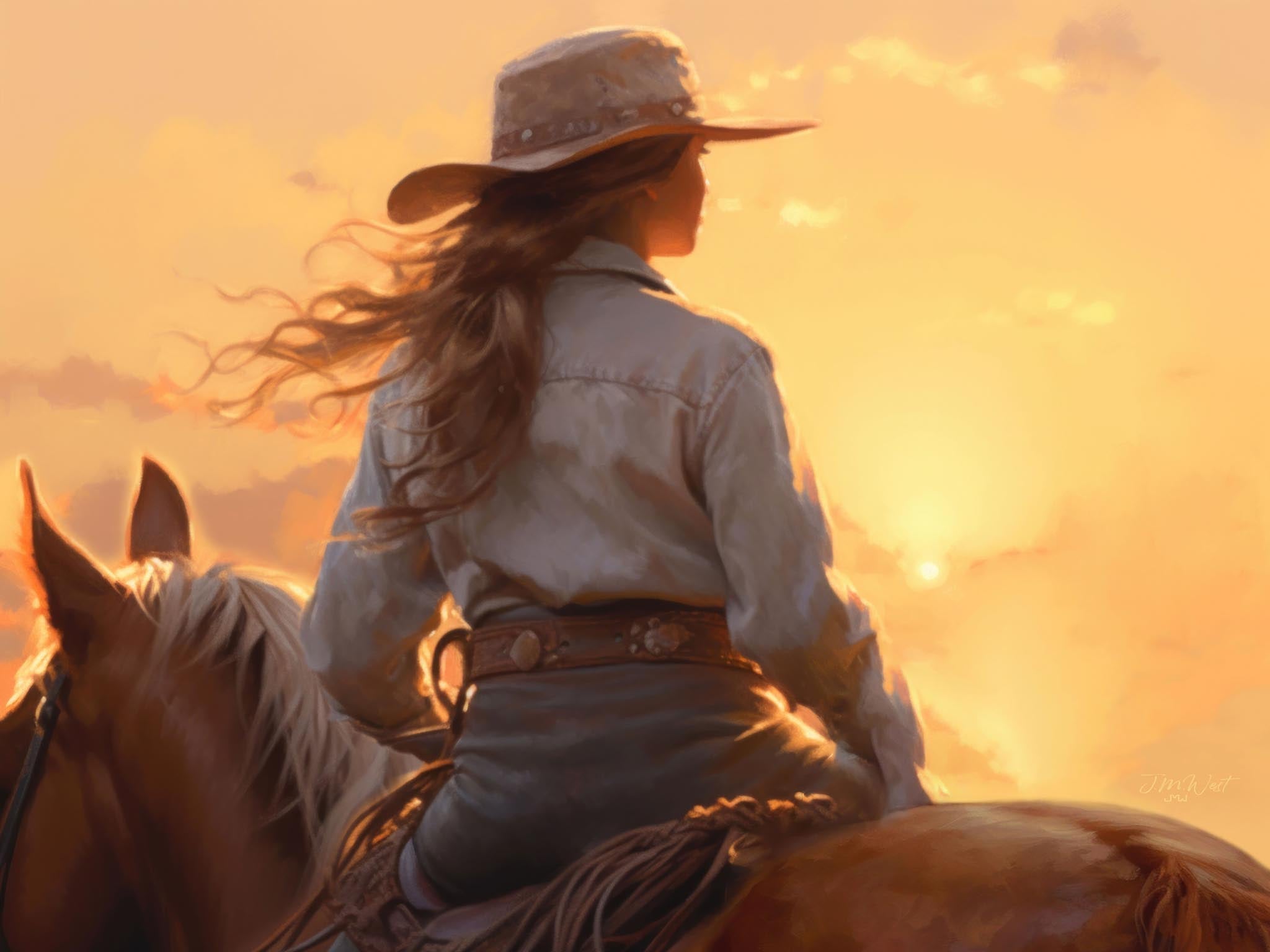 Romantic painting of a cowgirl riding a horse in the desert at sunset, capturing the essence of freedom and adventure in the open range.