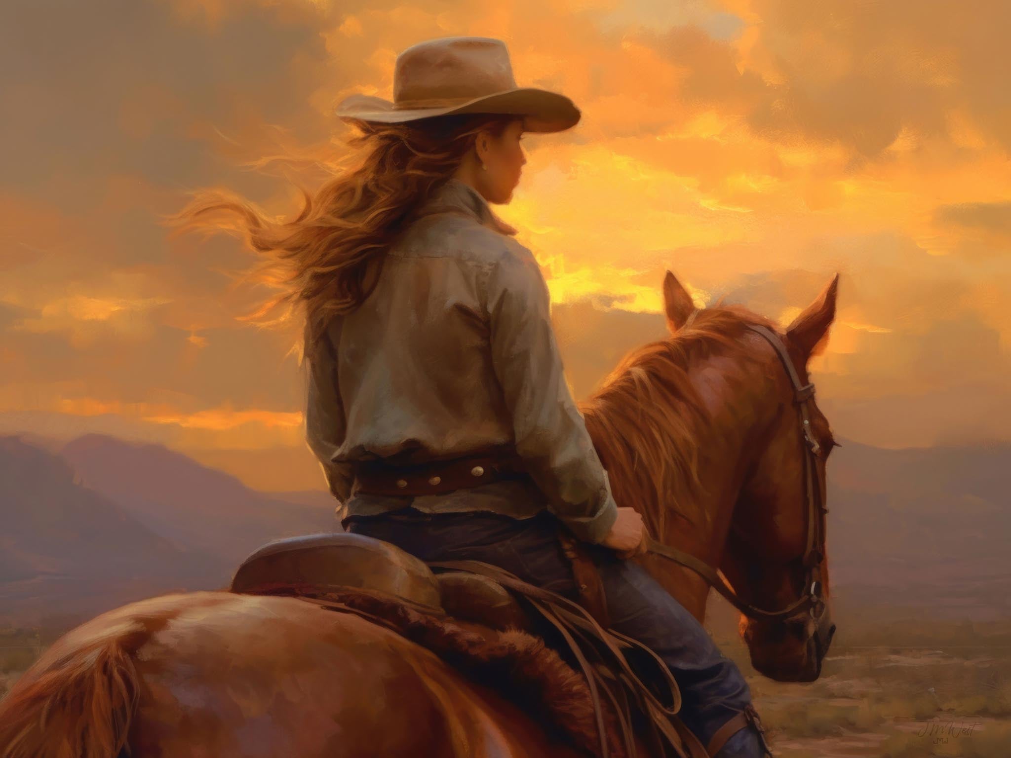 Romantic painting of a cowgirl riding a horse in the desert at sunset, emphasizing the adventurous spirit and natural beauty of the Southwestern landscape.