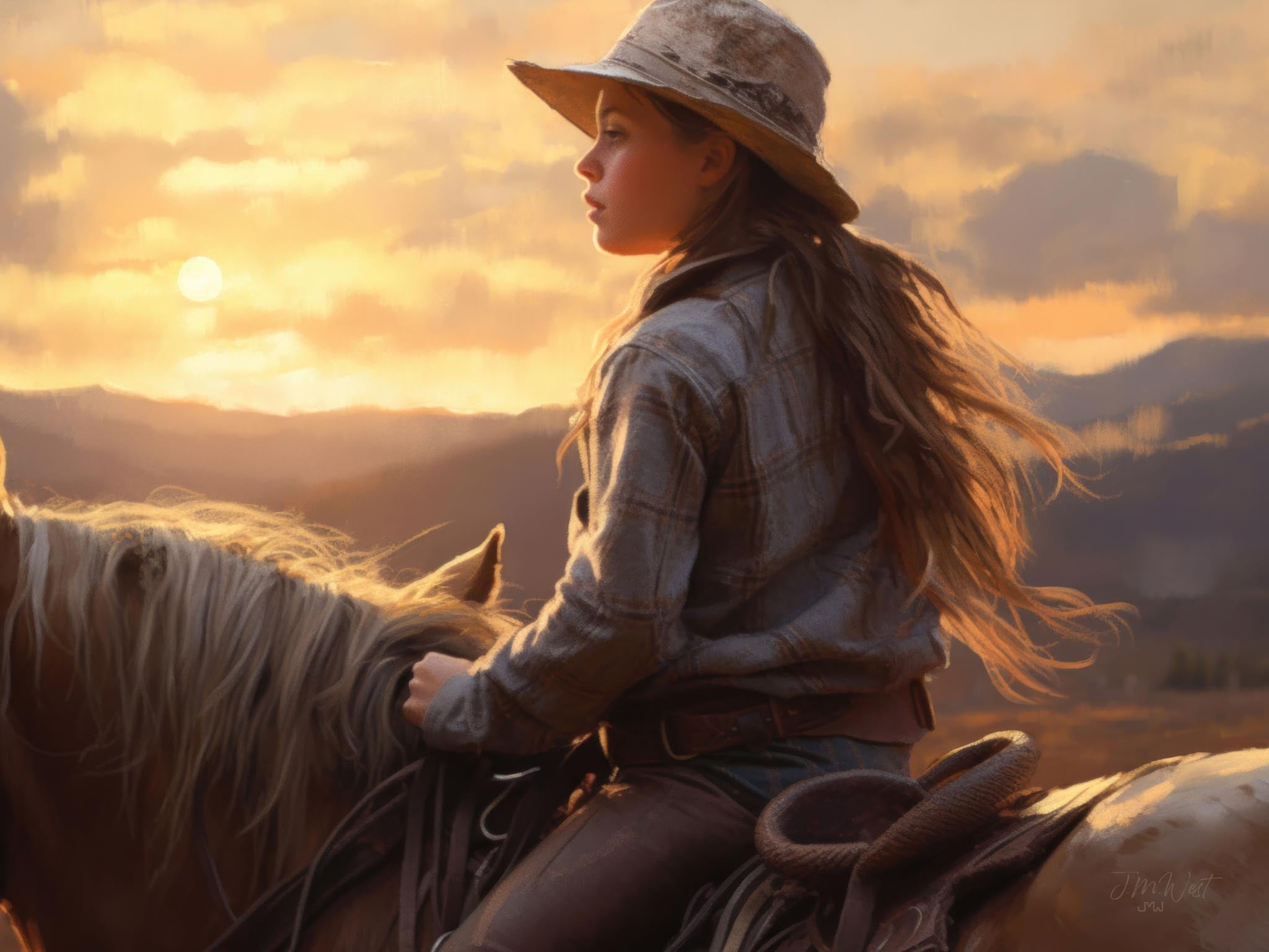 Romantic painting of a cowgirl riding a horse in the desert at sunset, showcasing the motion and beauty of the Southwestern landscape.