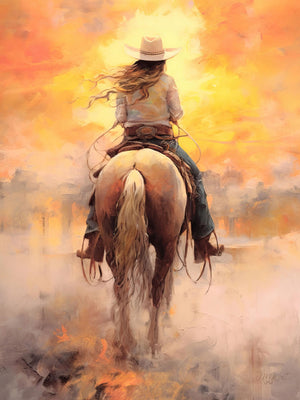 Cowgirl riding into a vibrant sunset with bold colors, highlighting the freedom and motion in the Arizona and New Mexico desert.