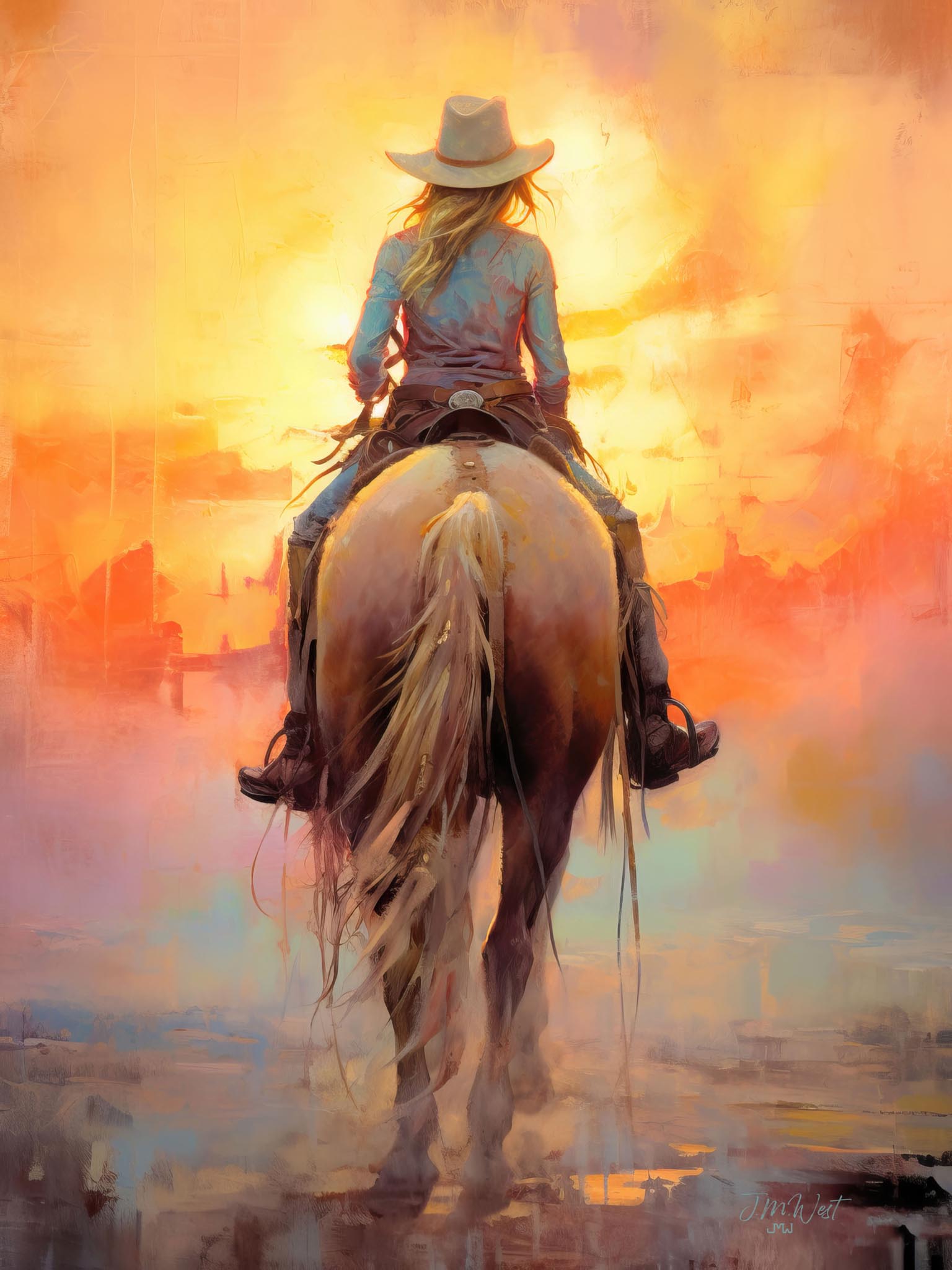 Cowgirl riding into a vibrant sunset, capturing the freedom and motion of the Arizona and New Mexico desert.