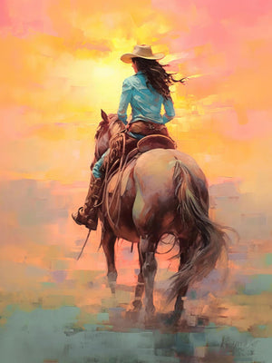Cowgirl riding into a vibrant sunset, capturing the freedom and beauty of the Arizona and New Mexico deserts.