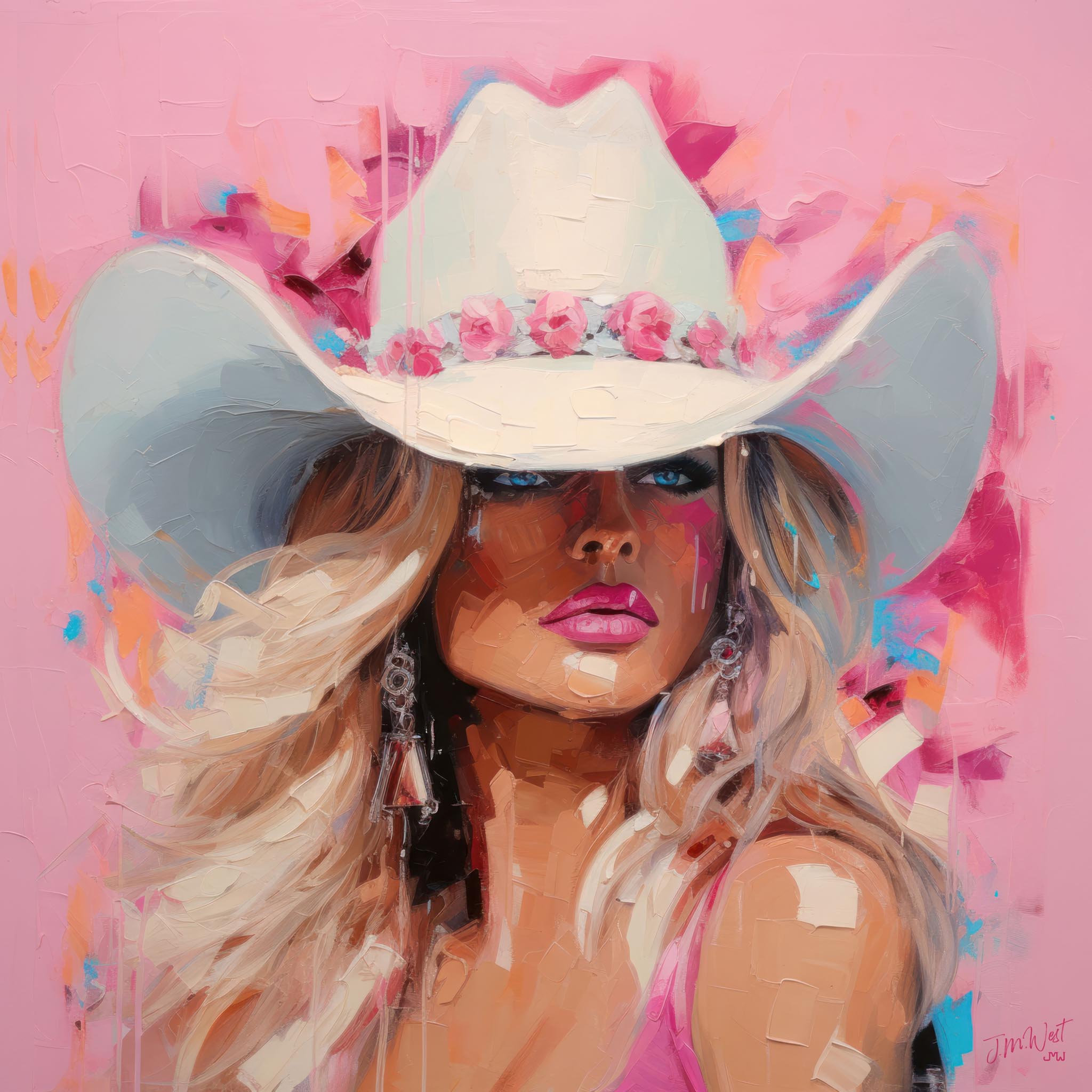 Bold oil painting of a cowgirl in pink, featuring a striking hat and vibrant western fashion, capturing the essence of rodeo culture and beauty.