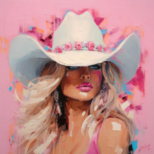 Bold oil painting of a cowgirl in pink, featuring a striking hat and vibrant western fashion, capturing the essence of rodeo culture and beauty.