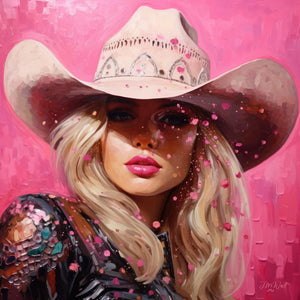 Bold oil painting of a cowgirl in a black jacket with a pink background, showcasing western fashion and the essence of rodeo culture.