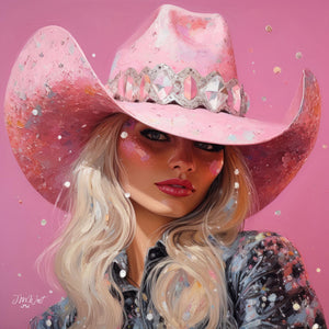 Bold oil painting of a cowgirl in a rhinestone-studded pink hat, showcasing western fashion and rodeo queen elegance.