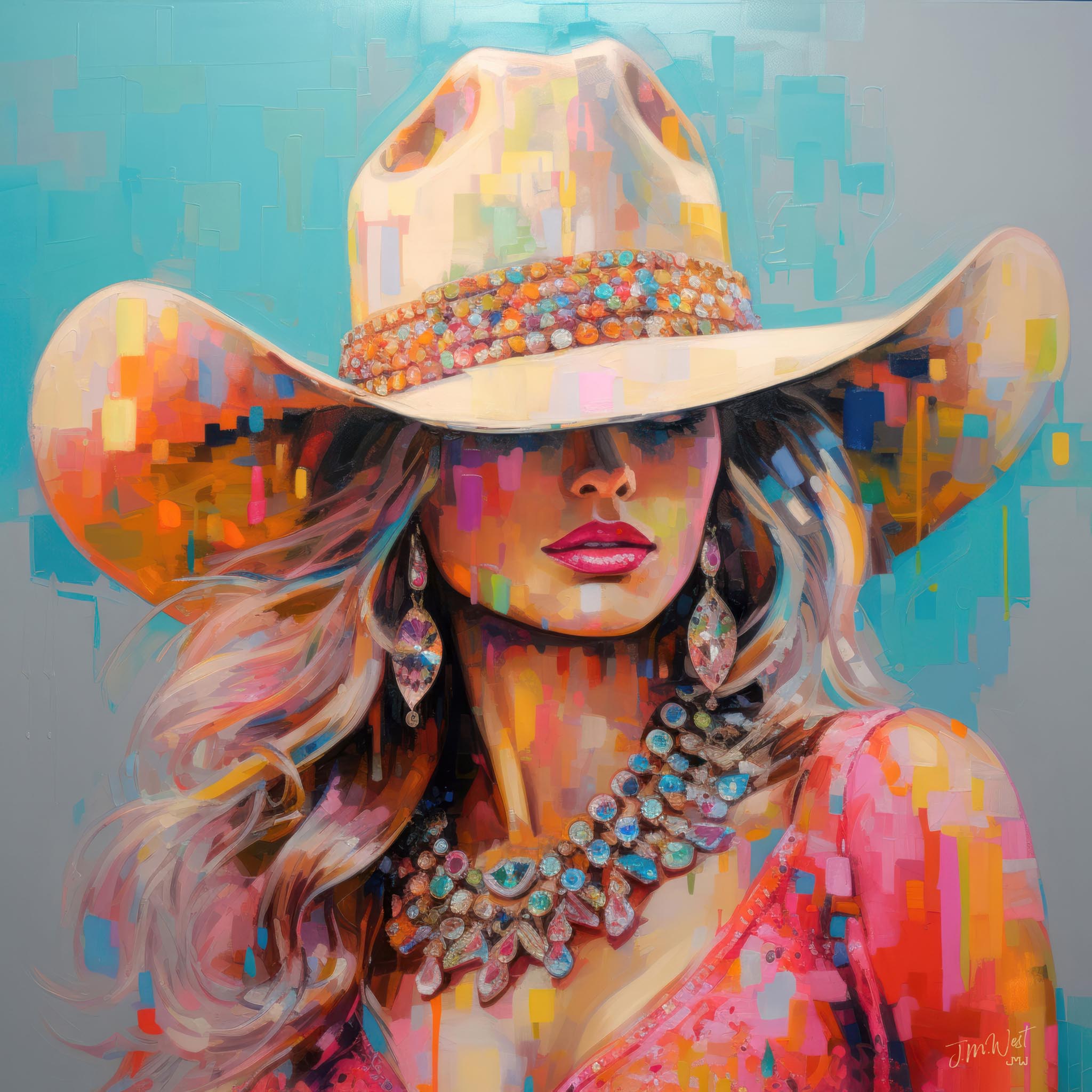 Bold oil painting of a cowgirl in a red blouse and large hat, featuring western fashion and rodeo queen elegance.