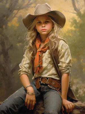 Classic portrait of a cute young blonde girl in vintage Western fashion, capturing the essence of a young cowgirl in a rustic American West style.