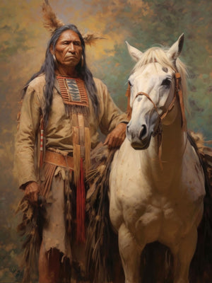 Portrait of an American Indian brave on horseback, featuring traditional attire and a feathered headdress, representing Native American warrior culture and heritage.