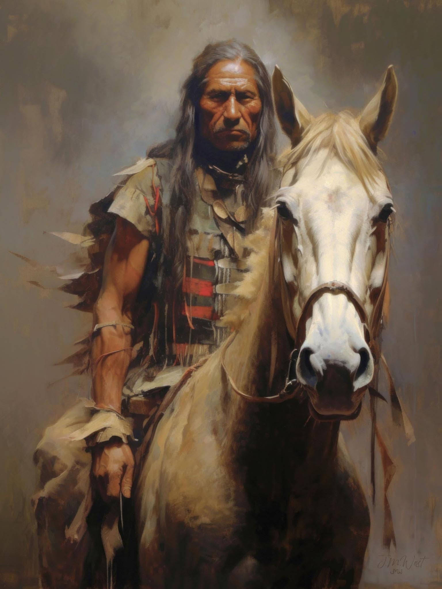 Portrait of an American Indian brave on horseback, wearing traditional attire and a feathered headdress, symbolizing Native American warrior culture and heritage.